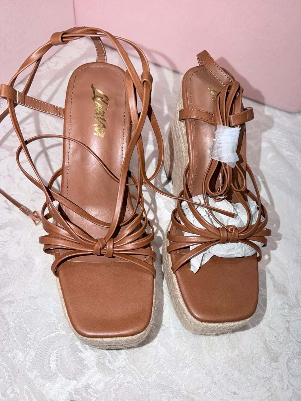 Liliana Brown Strappy Platform Espadrille Wedge Sandals Size 10